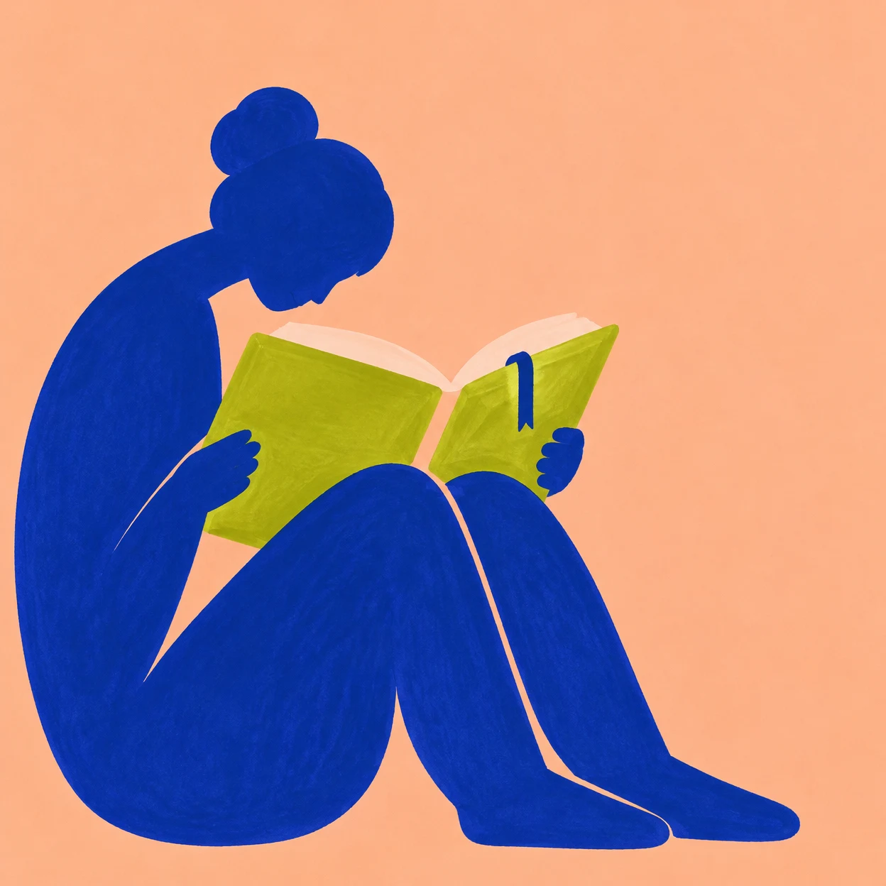 A cobalt-blue figure sits curled with raised knees, leaning over a large open chartreuse book with peach pages and a blue ribbon bookmark, against a warm peach…