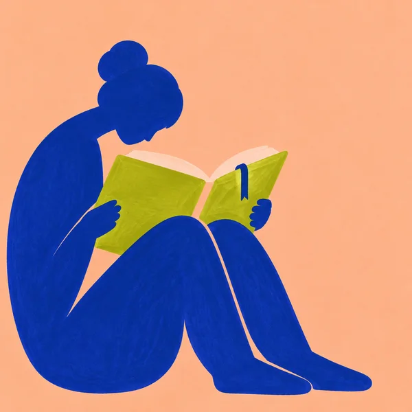 A cobalt-blue figure sits curled with raised knees, leaning over a large open chartreuse book with peach pages and a blue ribbon bookmark, against a warm peach…