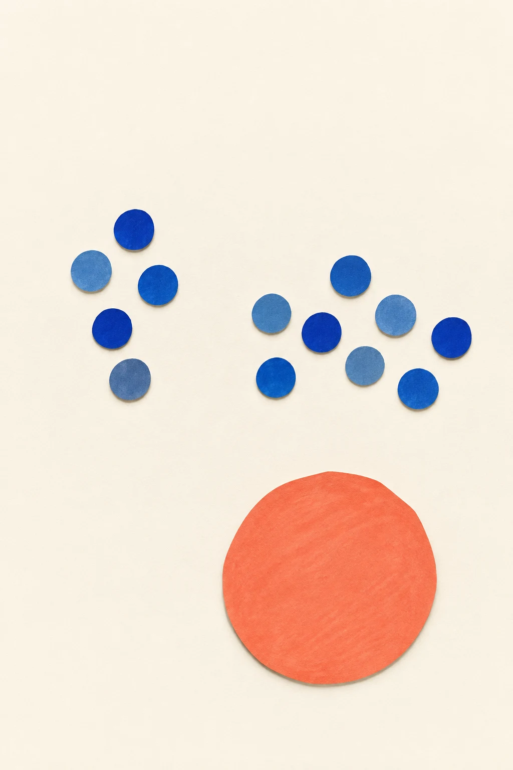 A cut-paper scatter-plot illustration on a pale cream background, with blue discs in two loose groups above one oversized coral disc.