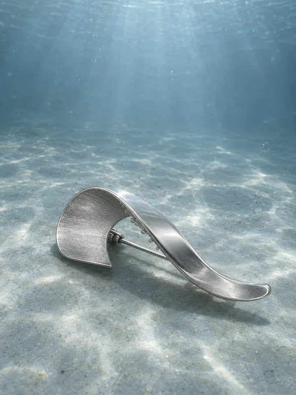 A sculptural silver ribbon brooch rests diagonally on a pale blue-grey underwater floor, with its pin mechanism visible beneath the raised curve and tiny…