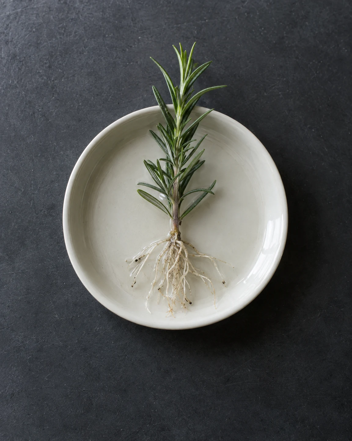 An overhead view of a fresh rosemary cutting with pale branching roots in an unmarked ivory porcelain dish on a charcoal surface.