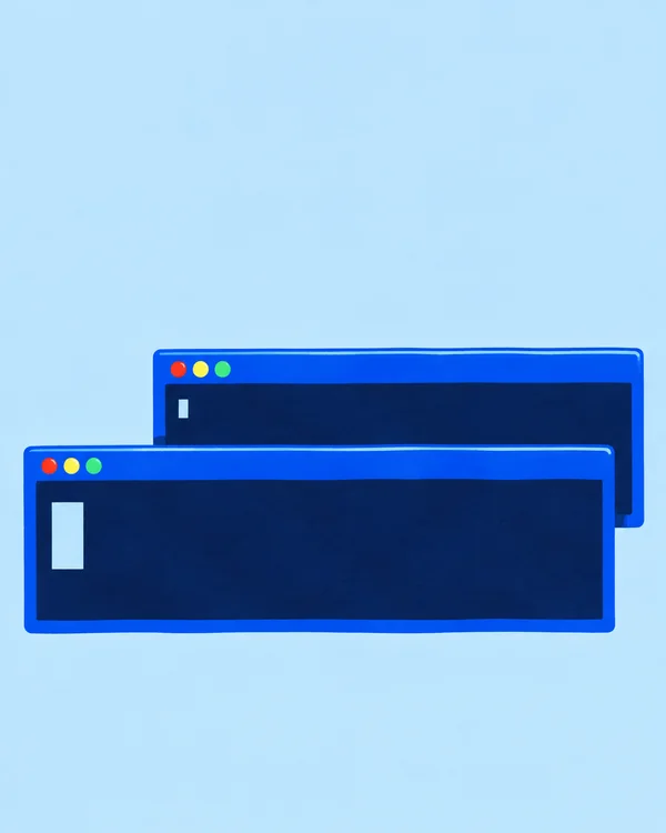 Two wide, shallow cobalt-framed terminal windows overlap across the lower half of a pale blue portrait background.