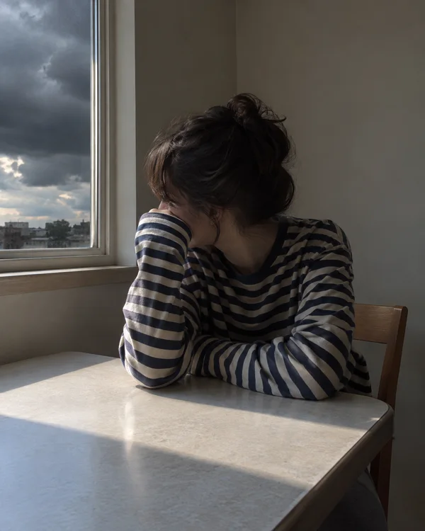 An adult in a navy-and-cream striped shirt sits at a pale kitchen table, resting their face against a bent sleeve.