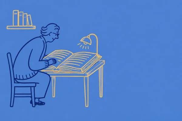 A side-profile figure with swept-back hair leans over an oversized open book at a small desk, beneath an arched reading lamp; a short shelf with four outlined…