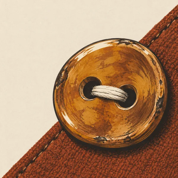 A large, worn amber two-hole button with a thick cream thread bridge sits on a rust-coloured coat crossing diagonally against warm ivory space.