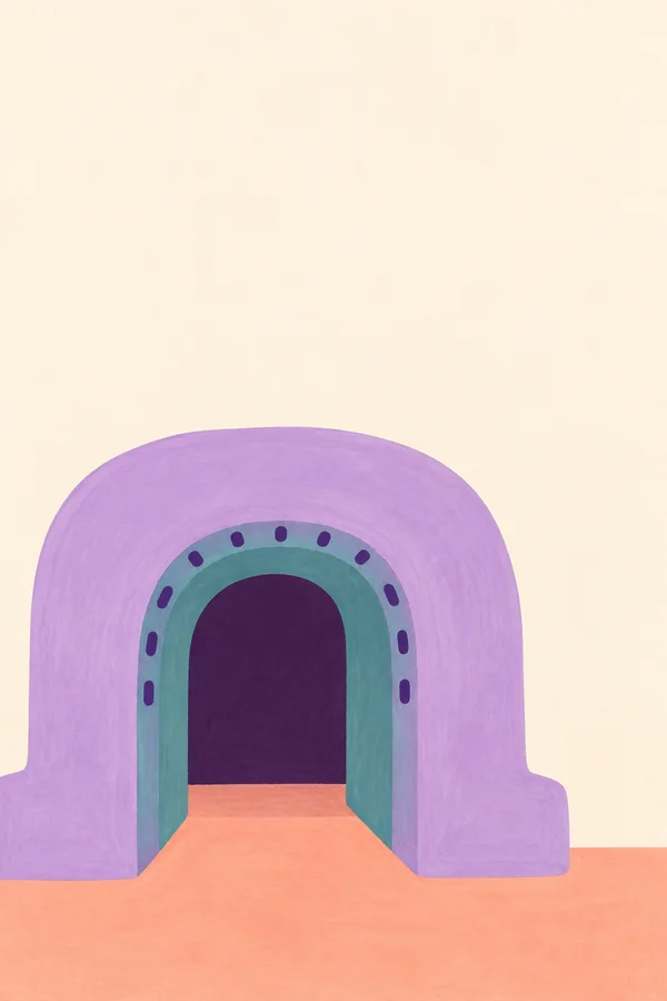 A squat lilac arch with a teal inner reveal and dark plum passage stands on a peach floor against a warm cream background.