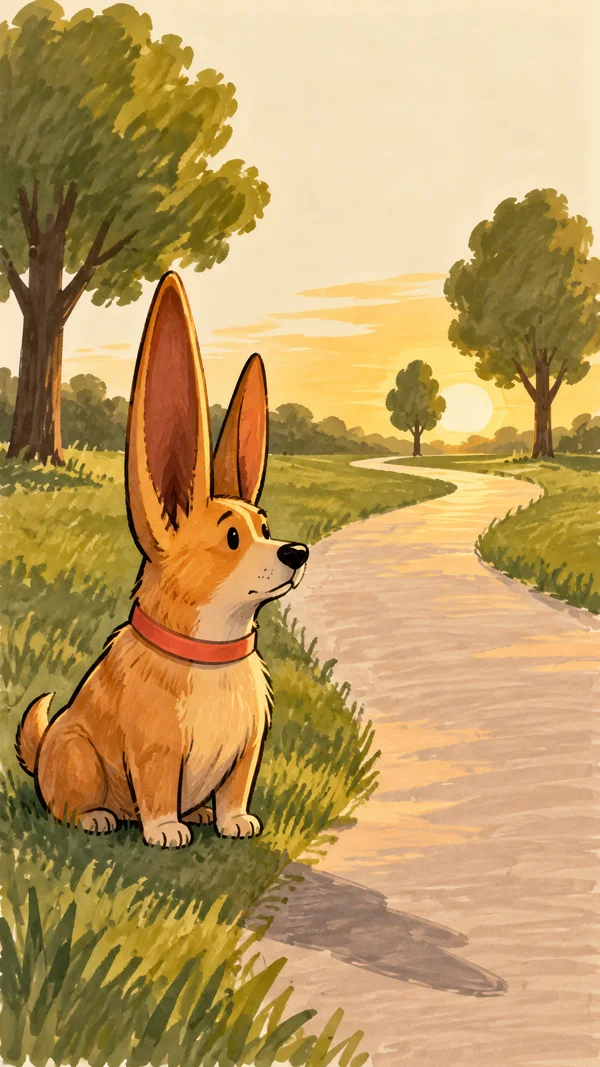 A large-eared ochre dog wearing a coral collar sits in grass beside a pale winding path, looking to the right.