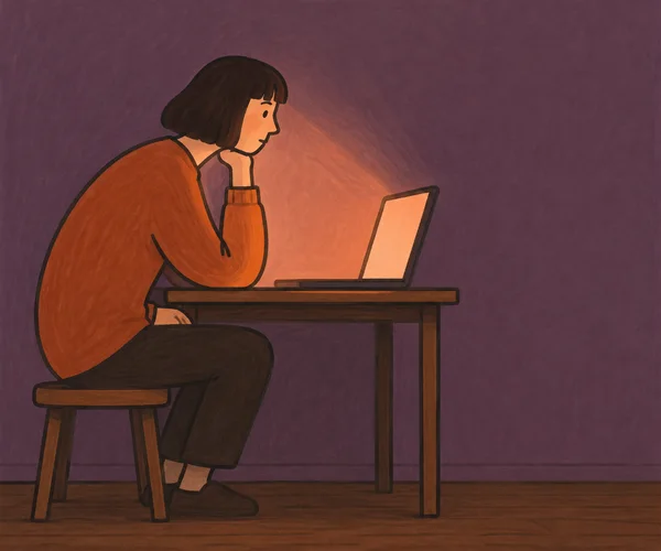 A person with a dark bob sits hunched on a low stool at a wooden desk, resting their chin on one hand while looking at an open laptop with a peach-colored…