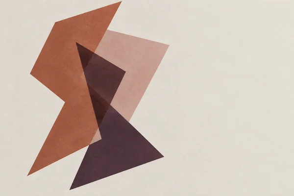 A large angular abstract composition in terracotta, dusty rose and deep aubergine overlaps on a warm-grey textured ground, with open space on the right.
