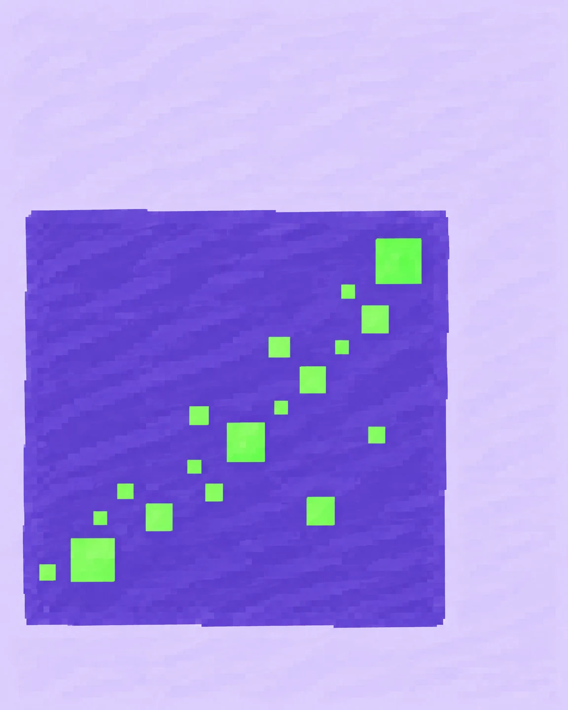 A broad, textured violet rectangle sits on a pale lavender background, with bright green squares scattered inside in a generally upward-trending pattern.
