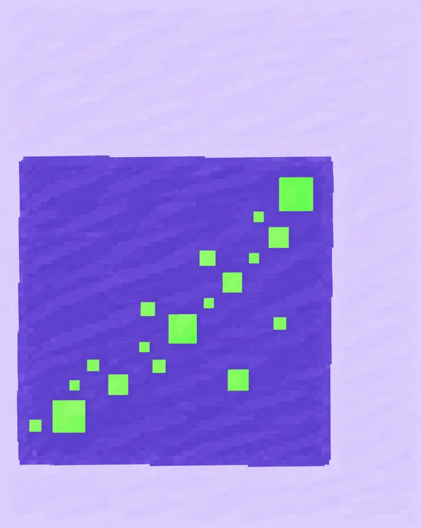 A broad, textured violet rectangle sits on a pale lavender background, with bright green squares scattered inside in a generally upward-trending pattern.