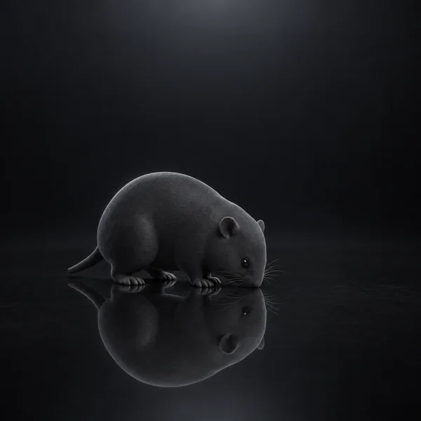A dark gray, mouse-like vole crouches with its nose against a glossy black floor, with a large reflection directly beneath it.