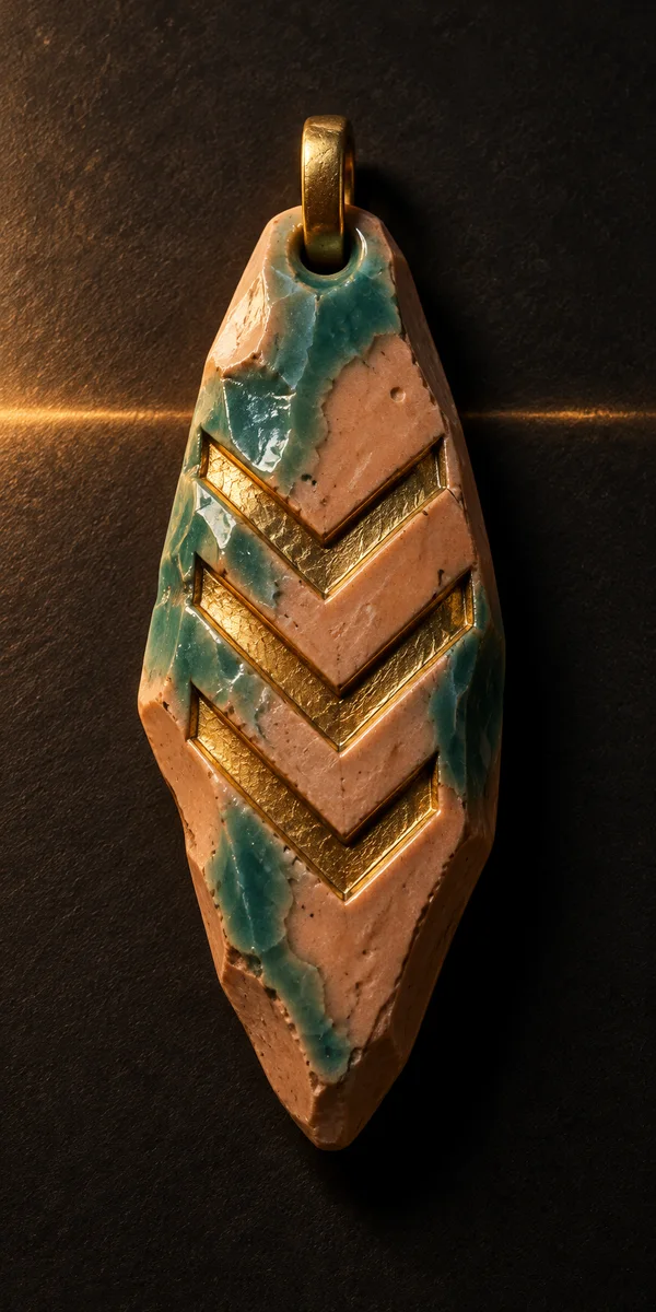 A long, irregular peach-colored ceramic pendant with patchy teal glaze and three gold-filled chevron grooves hangs from a broad gold loop against a dark…