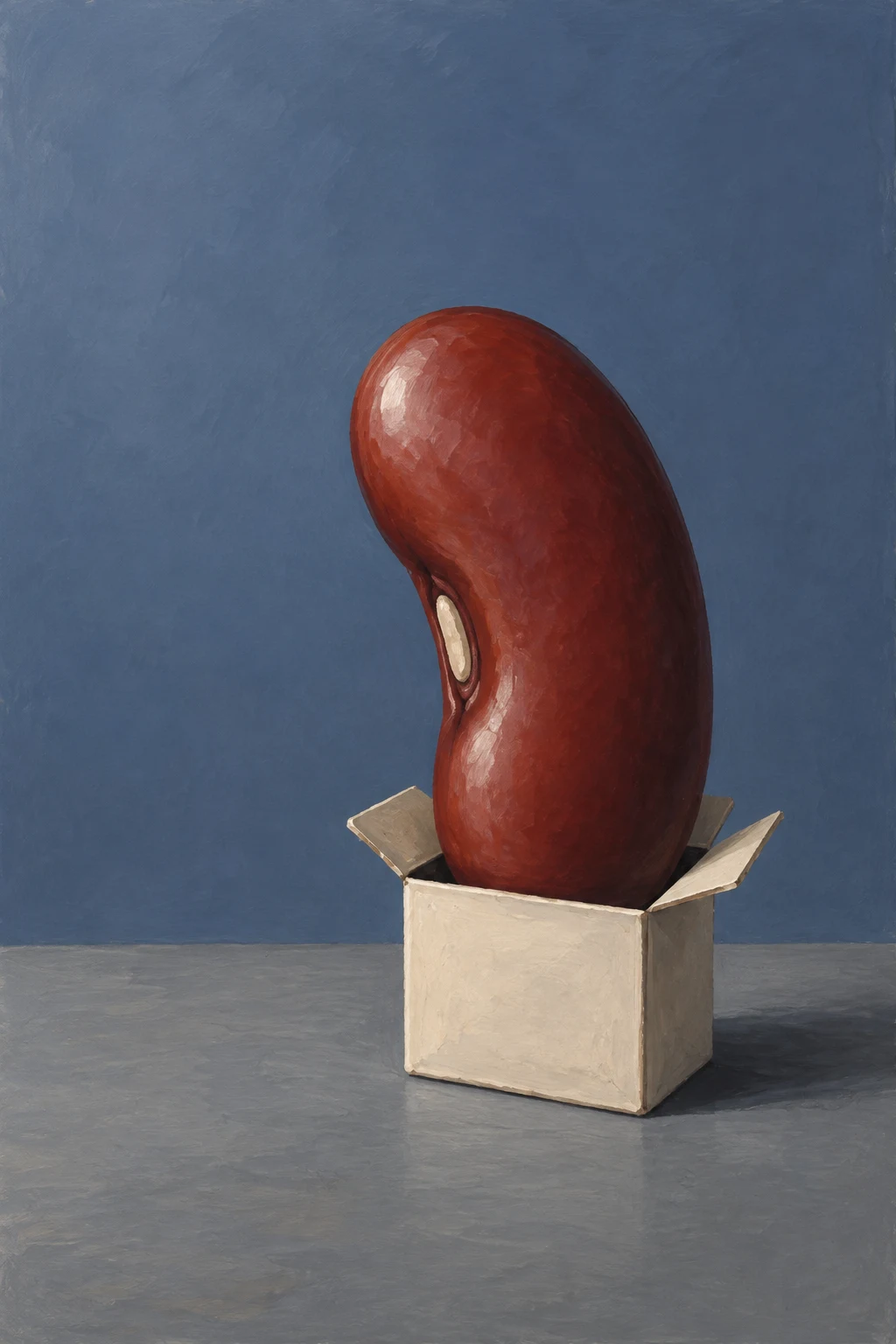 A large rust-red kidney bean with a pale hilum stands upright in an open cream cardboard carton on a steel-gray tabletop, against a slate-blue background.