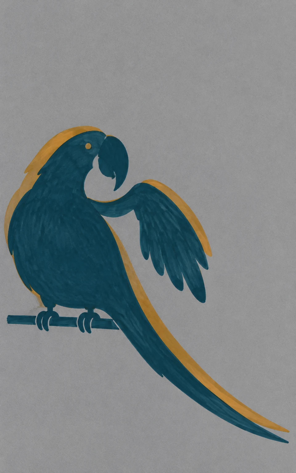 A hand-drawn teal parrot with an ochre offset silhouette perches on a short horizontal bar, its lifted wing extended and its long tail sweeping toward the…