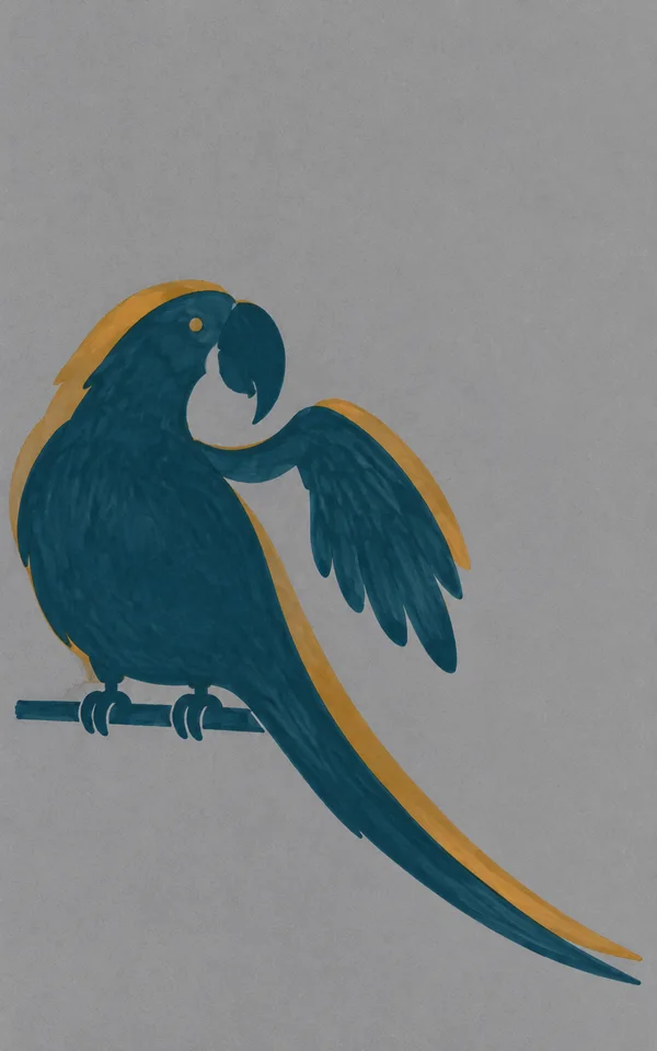 A hand-drawn teal parrot with an ochre offset silhouette perches on a short horizontal bar, its lifted wing extended and its long tail sweeping toward the…
