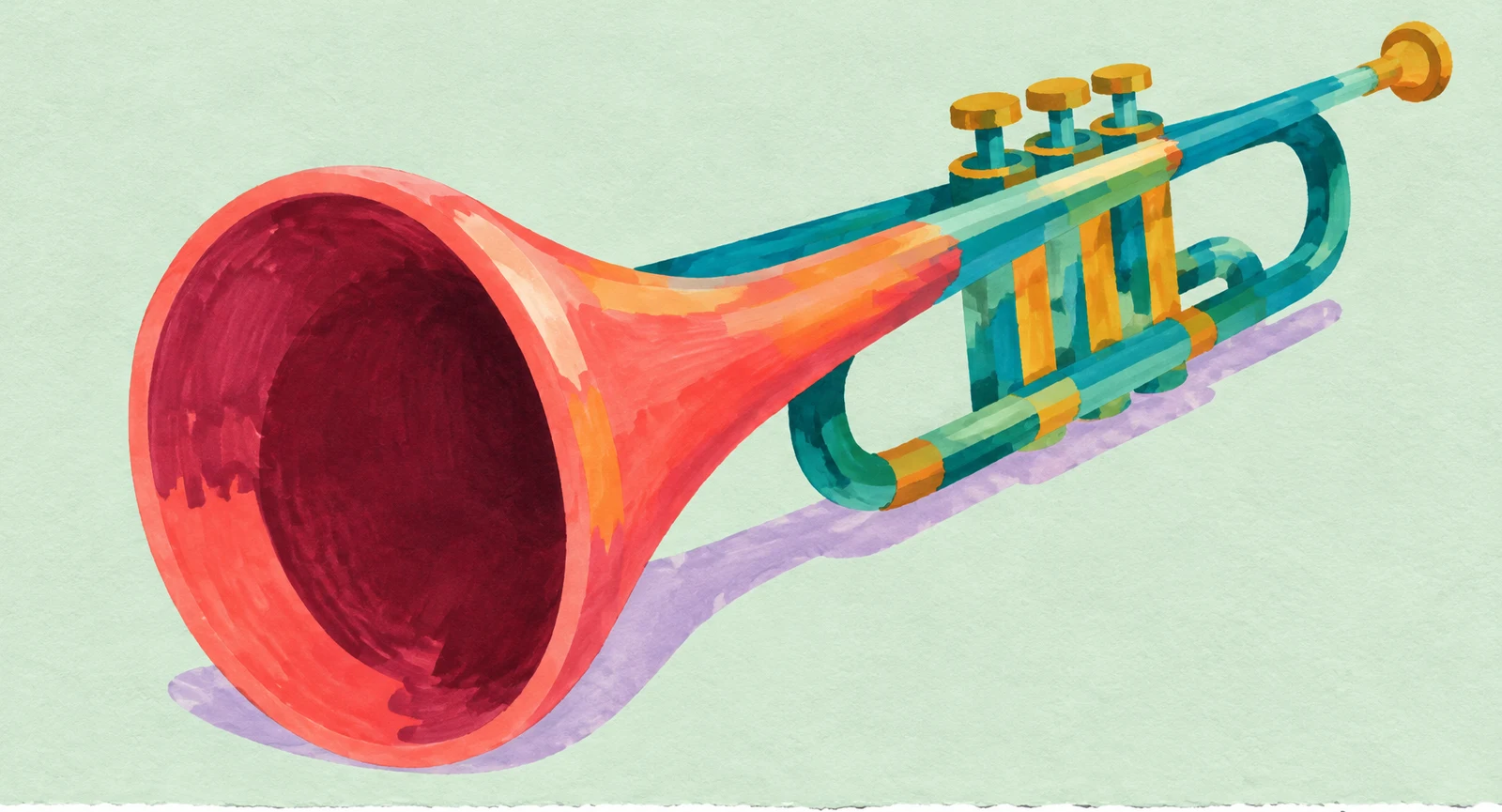 A close three-quarter view of a hand-drawn trumpet, with a large coral bell, dark burgundy opening, teal tubing, and three gold valve buttons on pale mint…