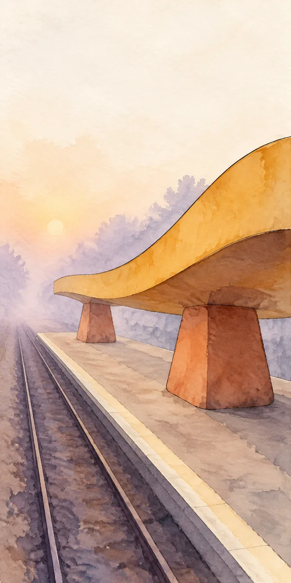 A large ochre ribbon-shaped canopy on two broad terracotta supports shelters an empty railway platform beside a single track, fading into lavender mist beneath…