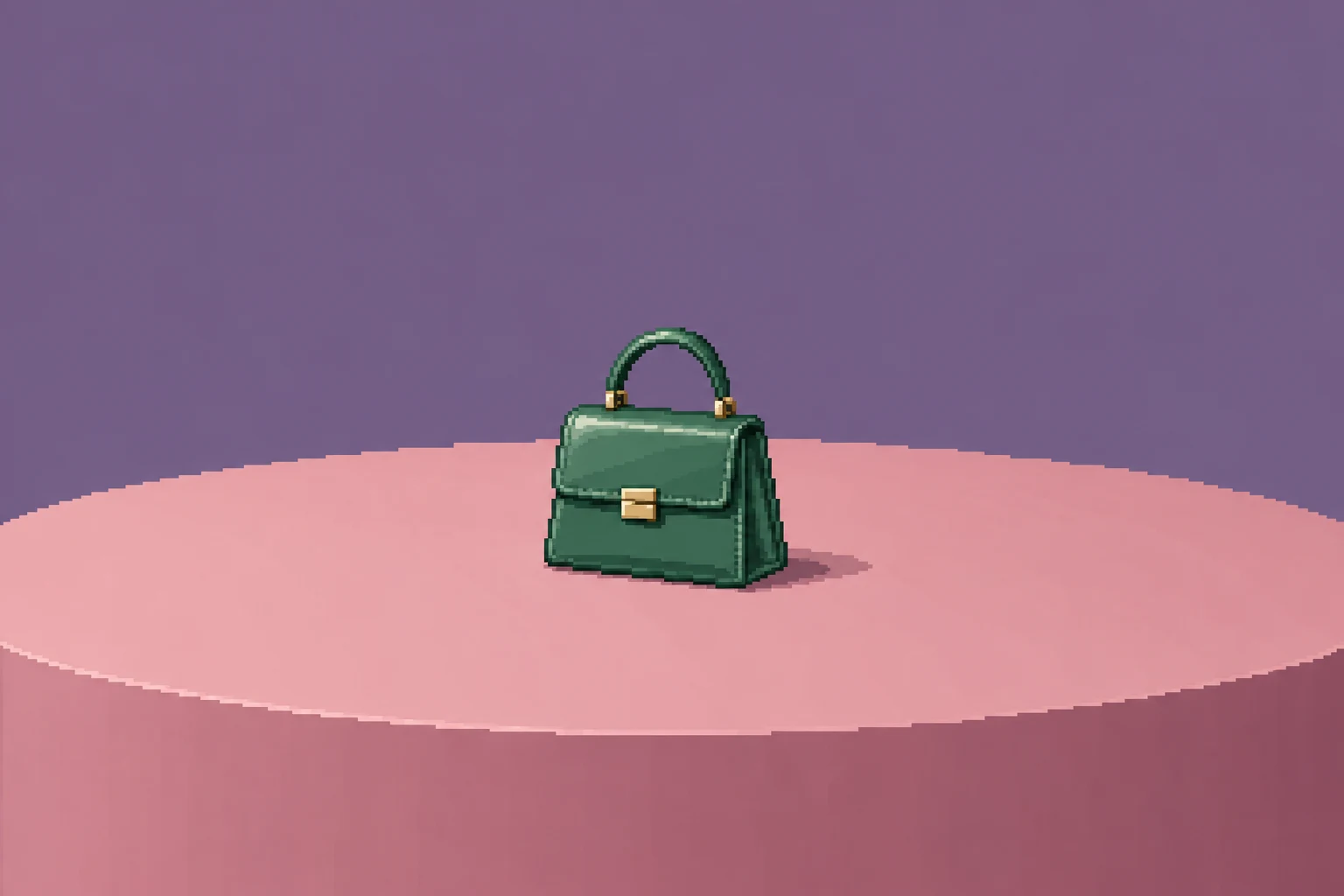 A jade-green structured handbag with a loop handle, closed flap and visible side gusset stands near the center of a broad rose-pink display table against a…