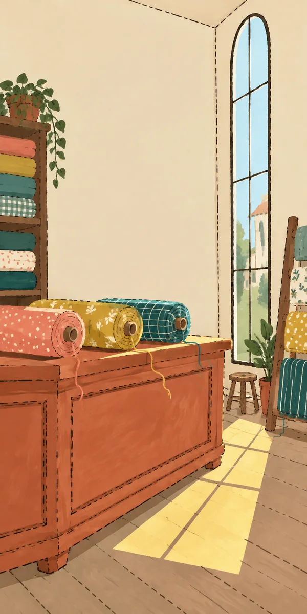 A terracotta wooden counter in a fabric shop displays coral, mustard and teal fabric bolts with loose threads.