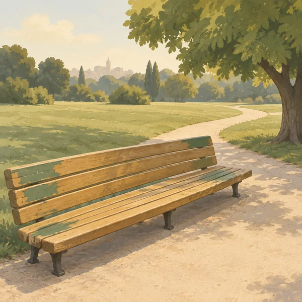 A weathered wooden park bench fills the lower-left foreground beside a pale curving path, with a broad-canopied tree at the right edge and distant greenery…