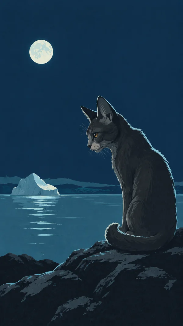 A dark charcoal cat sits in profile on jagged rocks beside a blue glacial lagoon, its thick tail curled around its feet.