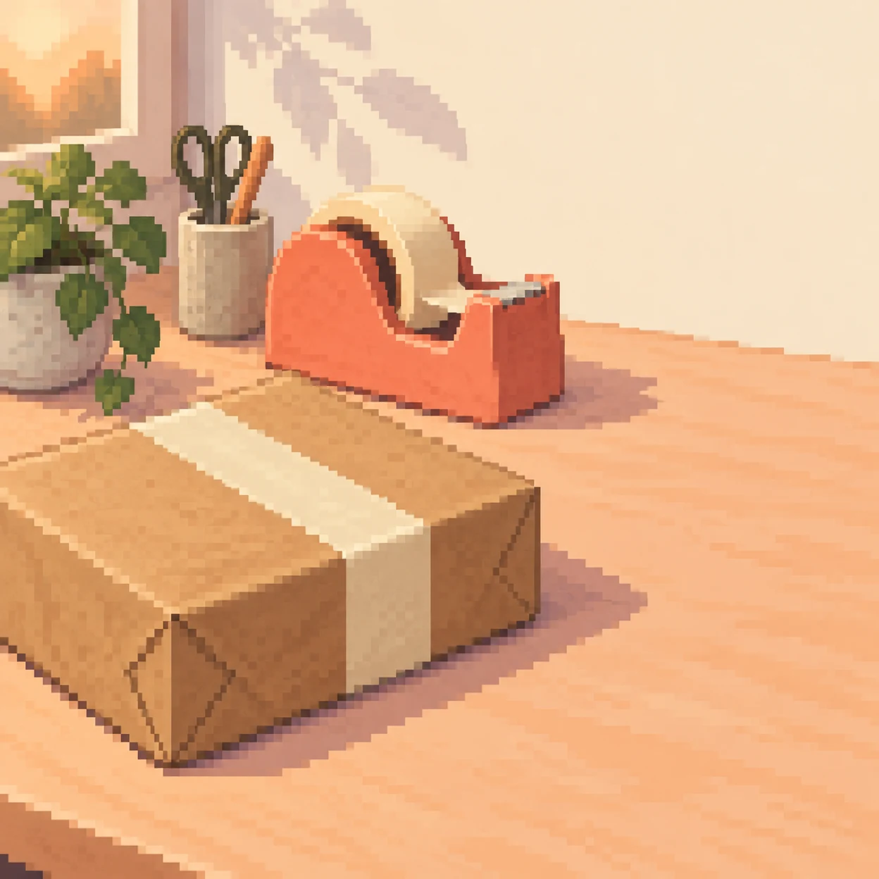 A broad kraft-paper parcel sealed with cream tape sits on a peach tabletop, with a coral tape dispenser behind it; a potted plant, cup of scissors and pencil…