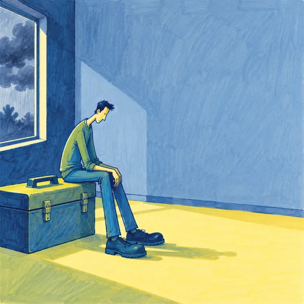 A slim figure with long legs and dark work boots sits with head lowered on a large closed toolbox in a sparse blue-and-yellow room.
