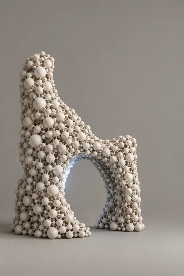 An upright ivory particle structure forms an asymmetrical arch with a hollow opening, lit by a faint blue-white glow along its inner edge against a warm-grey…