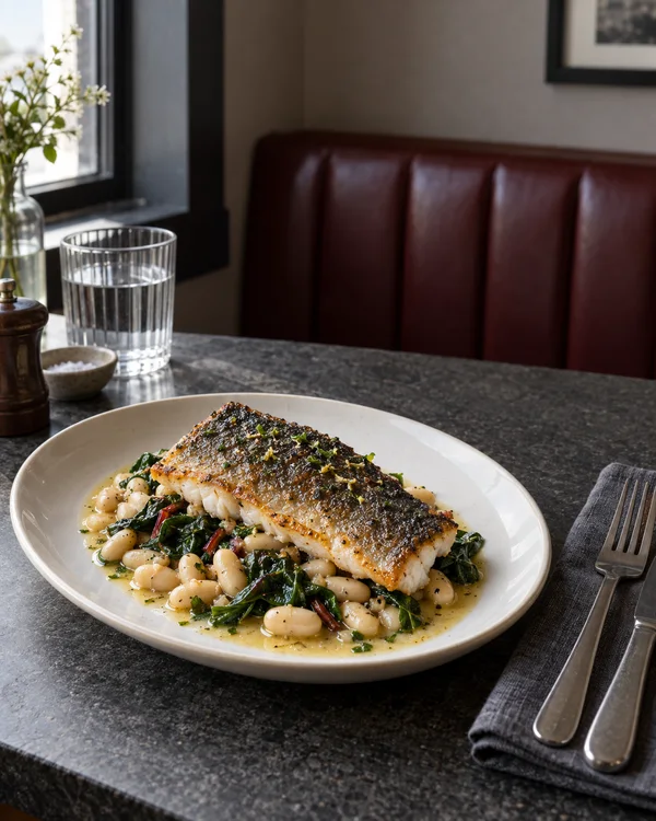 A crisp-skinned fish fillet rests on white beans and wilted greens in a white oval plate on a charcoal stone restaurant table.