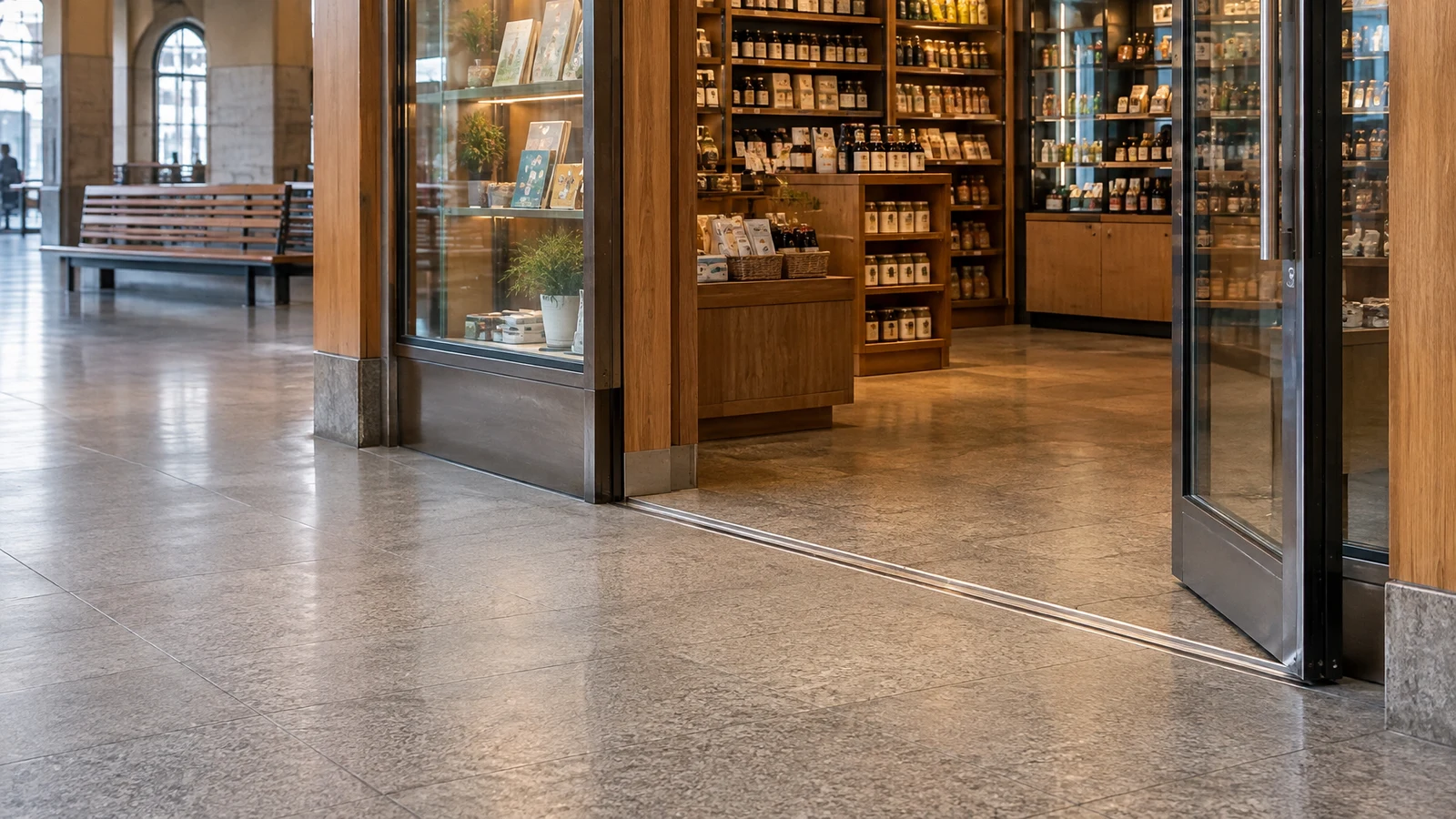 A timber-framed retail shop entrance in a bright station concourse, with a glass door held open, stocked shelves inside, a metal floor threshold and open stone…