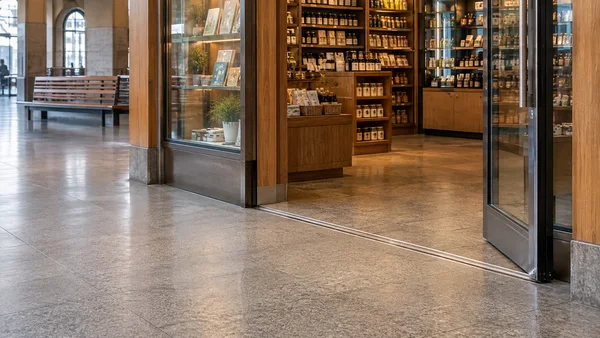 A timber-framed retail shop entrance in a bright station concourse, with a glass door held open, stocked shelves inside, a metal floor threshold and open stone…