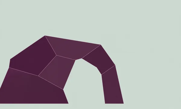 A large angular deep-plum arch-like form made of polygonal sections sits across the lower-left of a pale grey-mint field, leaving open space above and to the…