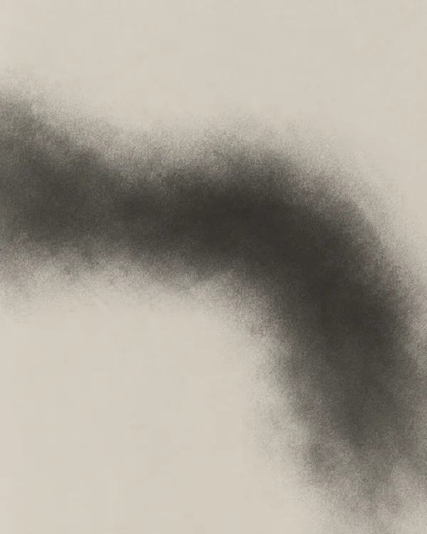 A broad charcoal-gray mass of granular noise sweeps in from the left, crosses the middle, and bends downward on the right against a pale beige background.
