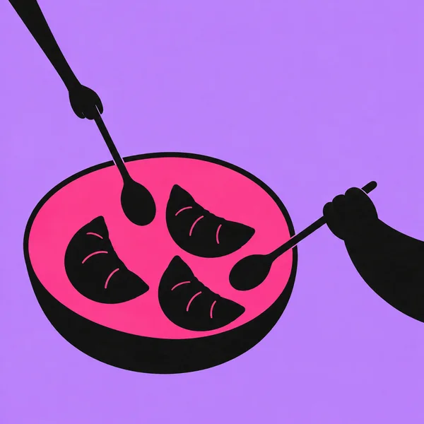 A black oval bowl with a vivid pink interior and three crescent-shaped dumplings sits on a lilac tabletop as two black arms reach in from opposite sides, each…