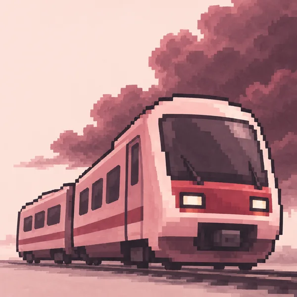 A stylized dusty-pink two-car passenger train is shown from a low front three-quarter angle, with a large rounded cab in the foreground and the rear carriage…