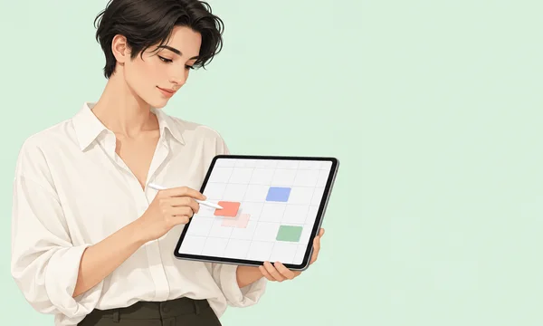A short-haired adult in a loose ivory shirt looks down while using a stylus on a tablet displaying a blank calendar grid with coral, blue, and green…