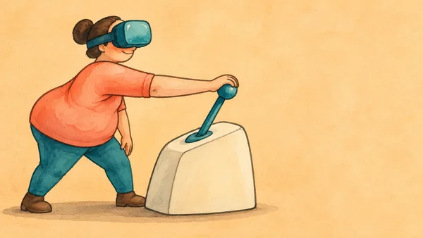 A person in a teal VR headset leans forward to grip a teal lever on a rounded cream console, against a warm apricot background with open space on the right.