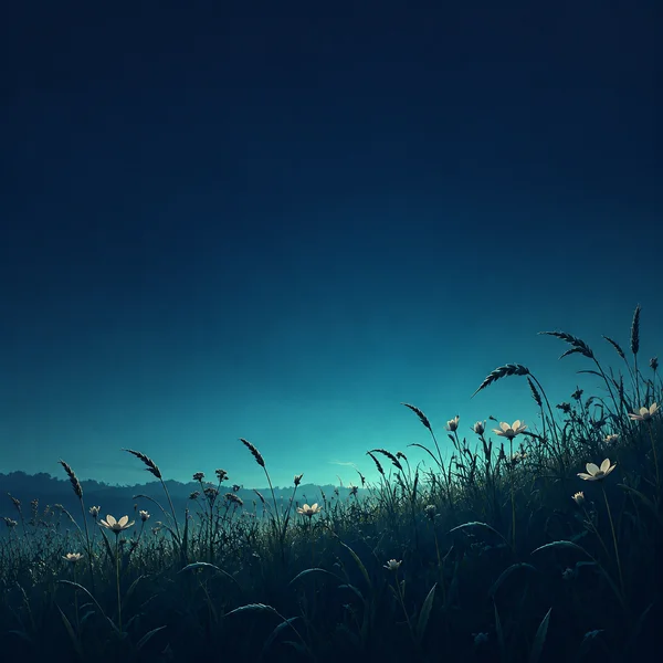 A moonlit meadow of dark grasses, curved seed heads and small pale flowers rises toward the right beneath a broad teal-to-indigo sky.