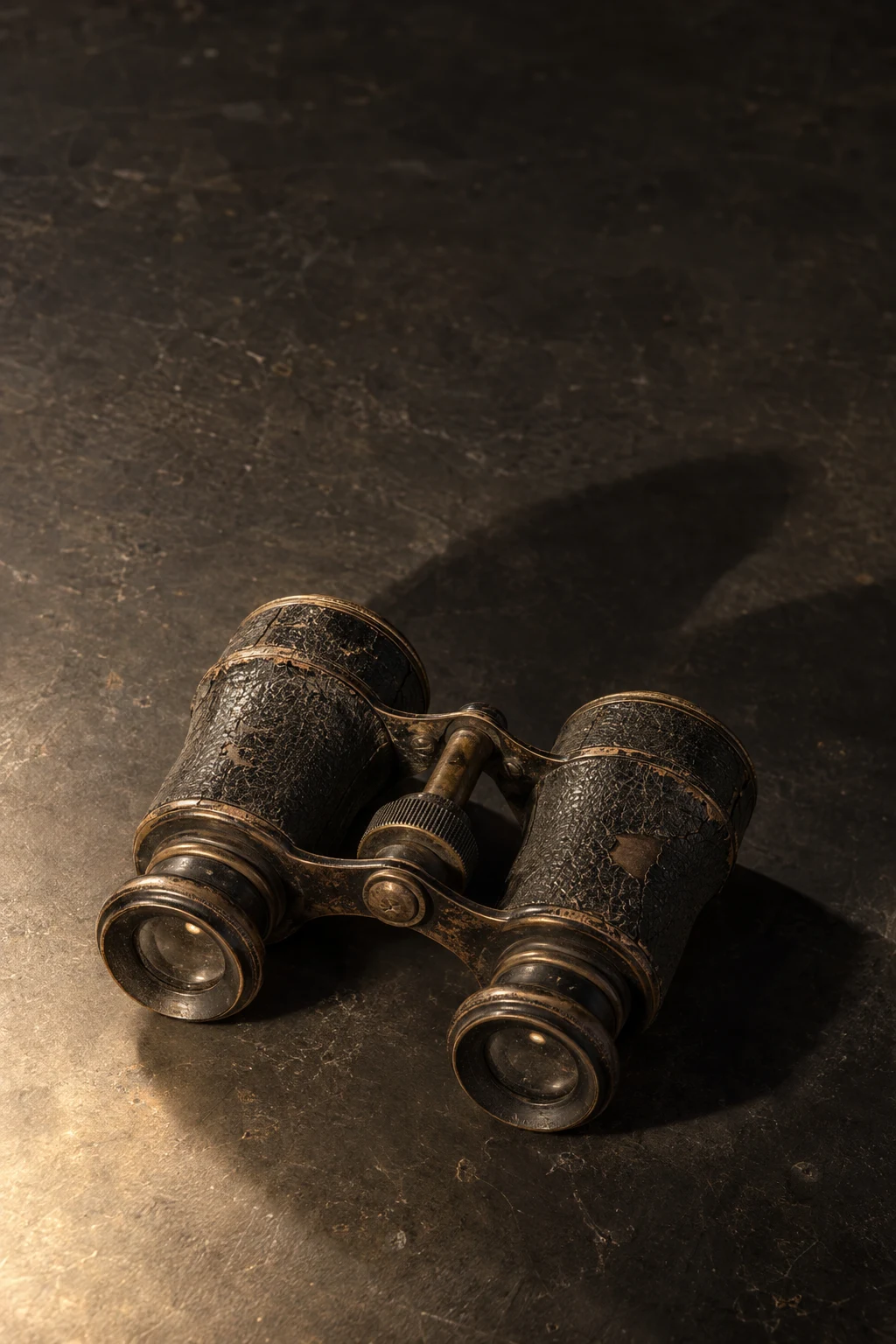 A heavily worn pair of vintage binoculars lies diagonally on a dark, scratched tabletop, lit by warm light from the lower left and casting a long shadow toward…