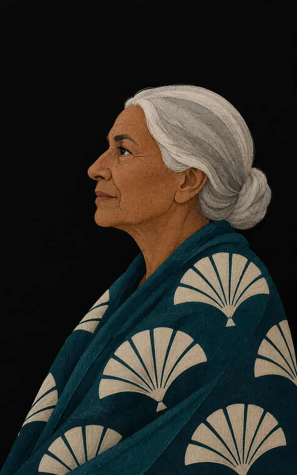 A left-facing profile portrait of an older woman with silver hair in a low bun, wearing a deep teal shawl patterned with large ivory fans against a black…
