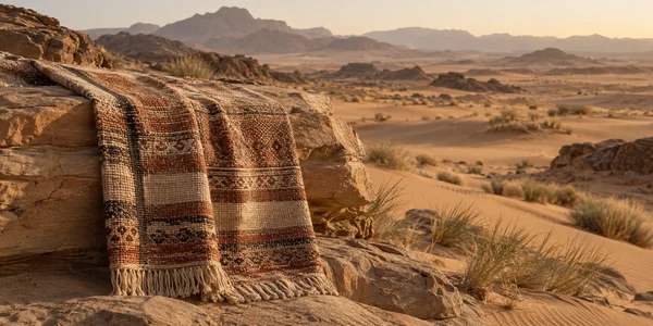 A patterned woven textile with loose fringe drapes over a layered sandstone ledge in a warm desert landscape.
