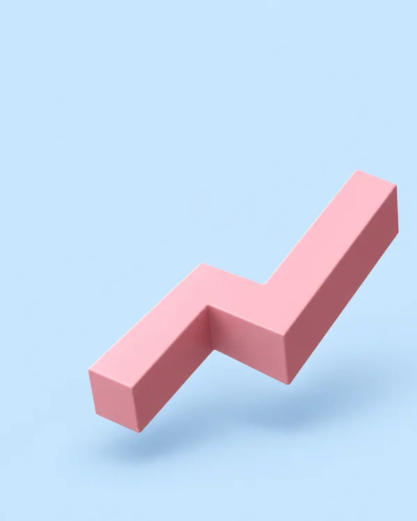 A thick satin-pink zigzag sculpture with squared ends and dark rose side faces floats against a pale blue background, with a soft shadow beneath it.