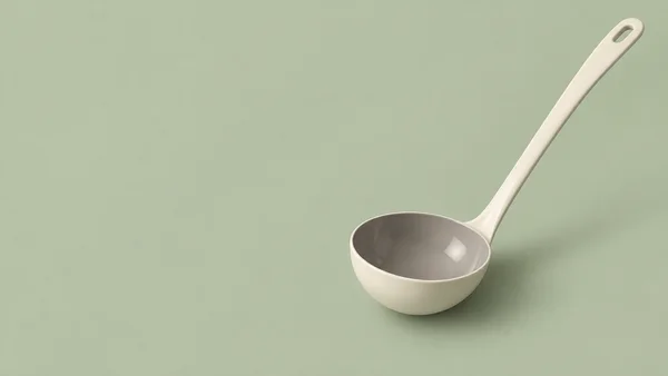 An ivory serving ladle with a warm gray bowl rests against a pale sage background, its long handle angled toward the upper-right corner and open space across…