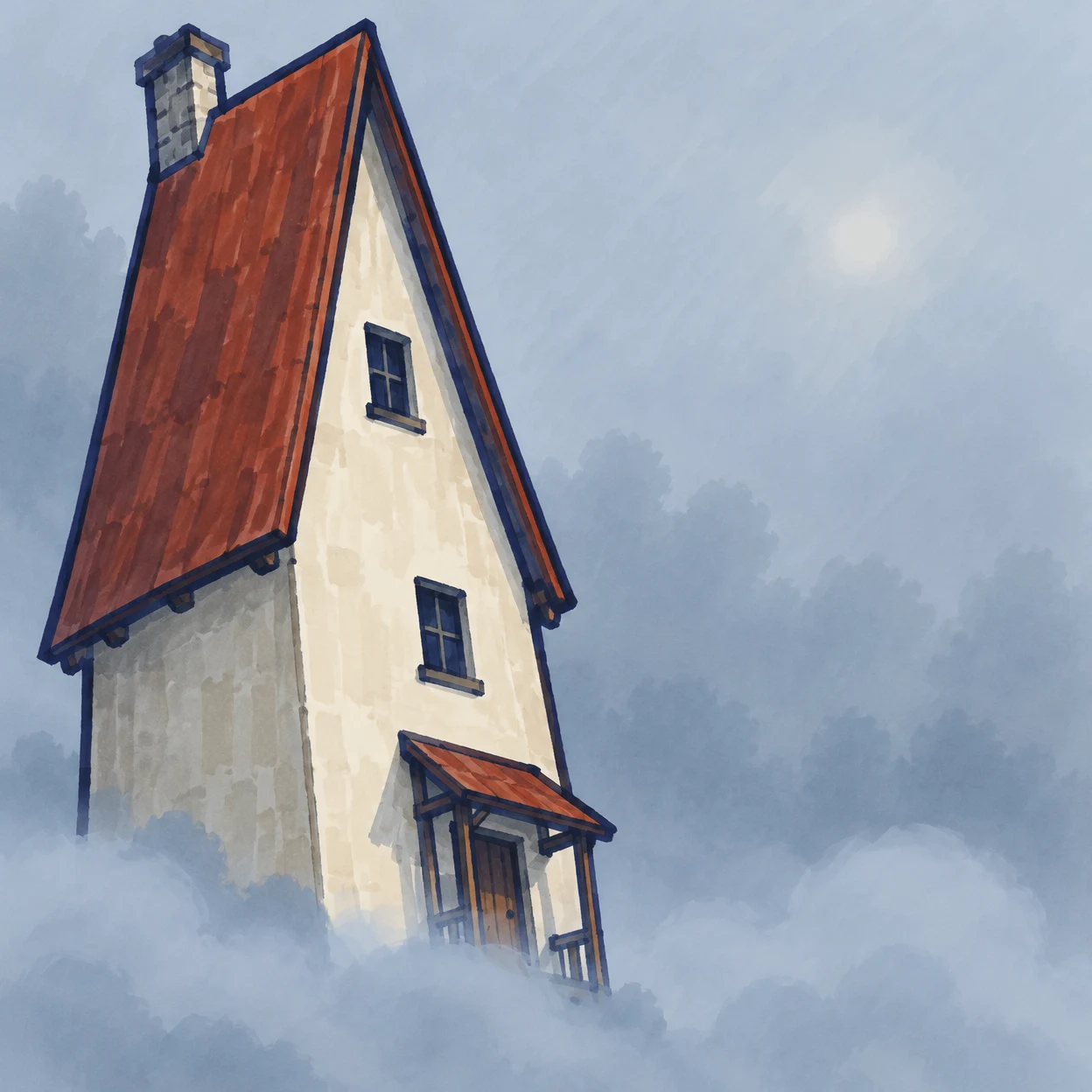 A tall, narrow ivory farmhouse with a steep rust-red roof, chimney, two dark windows and a small covered porch rises from pale blue fog against a muted…