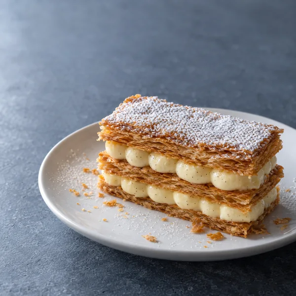 A golden vanilla mille-feuille with two rows of piped cream and powdered sugar sits on a white porcelain plate on a blue-grey stone tabletop, with crumbs…