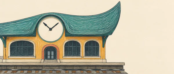 A hand-drawn railway station with an ochre facade, three dark arched windows, a small arched entrance, and a large cream clock beneath an exaggerated teal roof.
