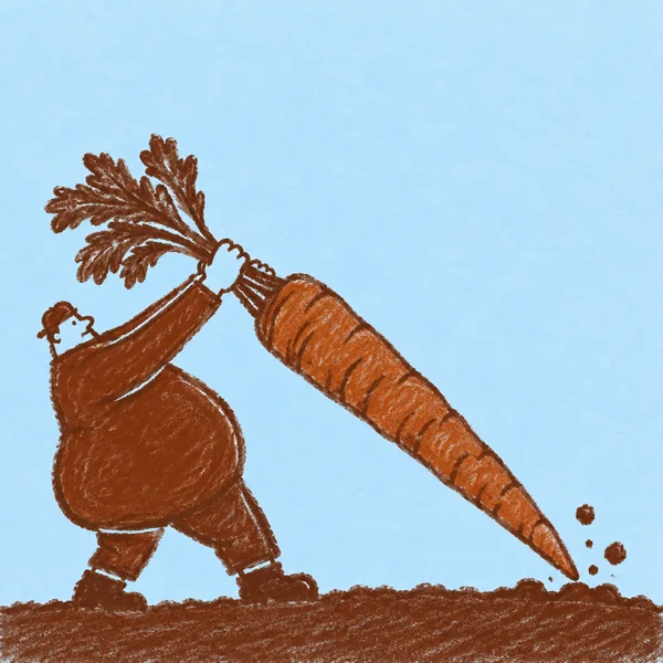 A stylized gardener leans backward while holding the leafy top of an oversized carrot, which angles down toward a broad strip of soil with several flecks…