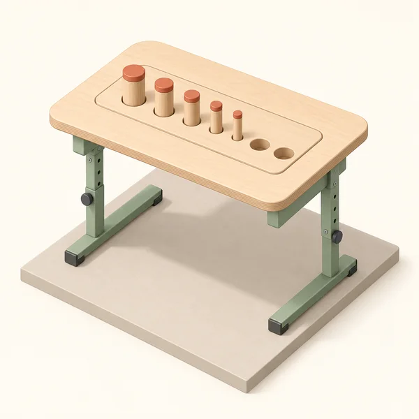 A pale maple workbench with sage-green adjustable legs stands on a shallow square platform.