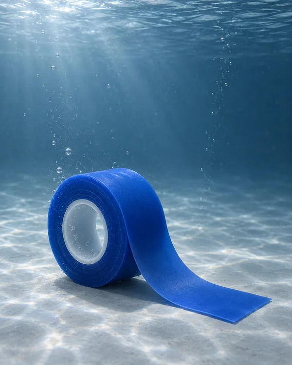 A cobalt-blue tape roll with a blank pale core rests on a light grey underwater floor, its loose strip curving toward the lower right.